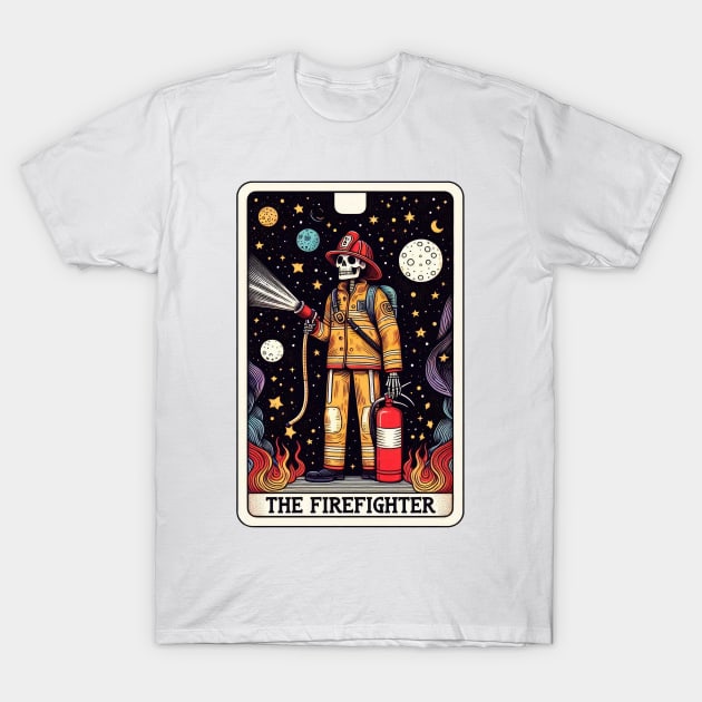 Cosmic Firefighter Hero Under the Stars Tarot Skeleton T-Shirt by ThatVibe